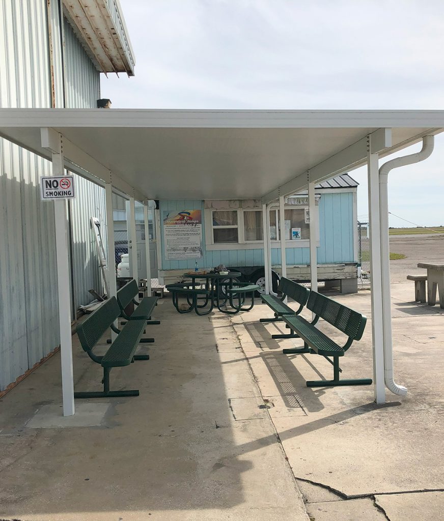 Covered loading area lets Skydive Spaceland Florida jumpers plan exit order in the shade.